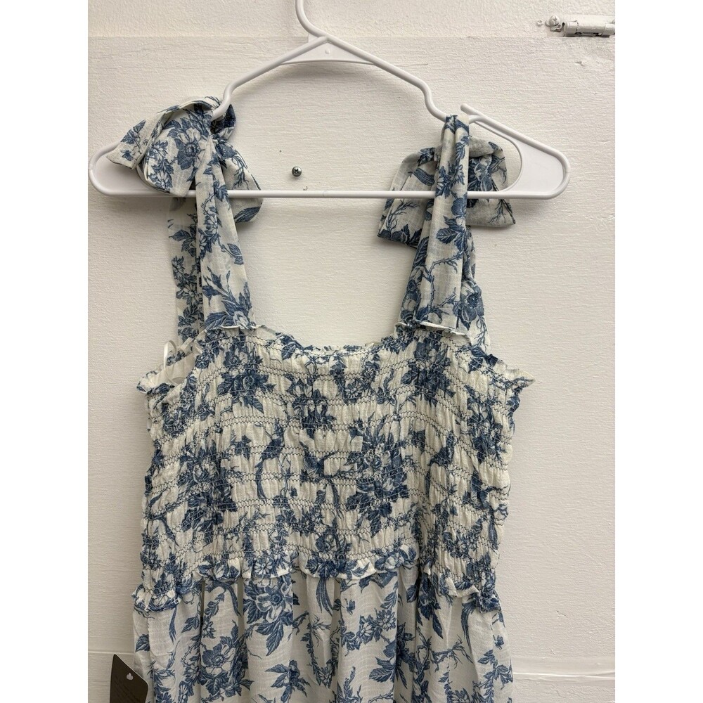 NWT Max Studio Blue Floral Smocked Maxi Dress Size L Tiered Tie Shoulder $178 - Picture 12 of 13
